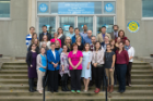 2019: Group portrait photo of Epidemiology and Environmental Health faculty and staff at Farber Hall. Degree programs include 3 MPH, MS and PhD; 85 students; 64 full-time and associated faculty; 100% placement of department graduates.