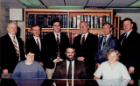 Robert O’Shea, Dennis Bertram, Brian Pech, Michael Noe, Terry Pechacek, Charles Pruitt, Jo Freudenheim, Maurizio Trevisan, Maria Zieleznyf. Faculty at the time of the formation of the preventive medicine residency and Dr. Pech, the first resident in the program (approx. 1990).