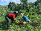 UB student Kelly Schlifke plants a coconut tree with a worker at the sustainable Rastafarian farm Stush in the Bush. UB students planted coconut and cypress trees to help leave their own sustainable mark after they left.