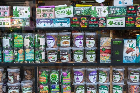 Cannabis products on shelves.