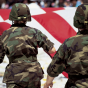 USA flag and soldiers marching. 