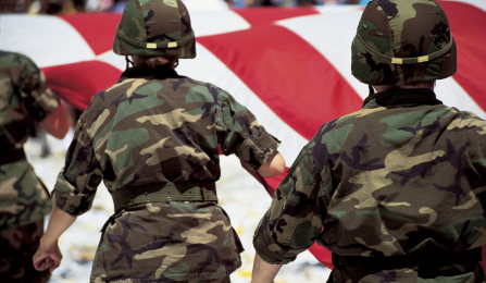 USA flag and soldiers marching. 