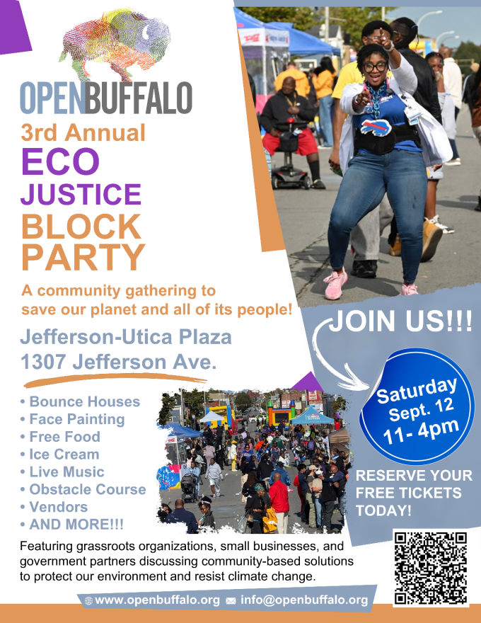 Open Buffalo Eco Justice Block Party flyer featuring community festival photos. Event at Jefferson-Utica Plaza, 1307 Jefferson Ave., Saturday, Sept. 12, 11 a.m.-4 p.m. Free family activities, food, music, vendors, and QR code for tickets. 