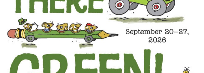 Promotional poster for New York State’s Get There Green campaign, September 20 through 27, 2026. Large green text reads, ‘Get There Green!’ surrounded by playful Richard Scarry-style illustrations, including a smiling sun, a green apple-shaped vehicle carrying cartoon characters, and several animals riding together in a pencil-shaped vehicle. The campaign encourages environmentally friendly transportation choices. Text reads: ‘Walk. Bike. Take Transit. Carpool. Drive an Electric Car.’ Additional information states: ‘Get to your destination by any means other than driving alone in a gasoline-powered vehicle.’ A web address, on.ny.gov/gtg, and a QR code are provided for more information. Logos for Richard Scarry’s Busy World and New York State appear at the bottom. 