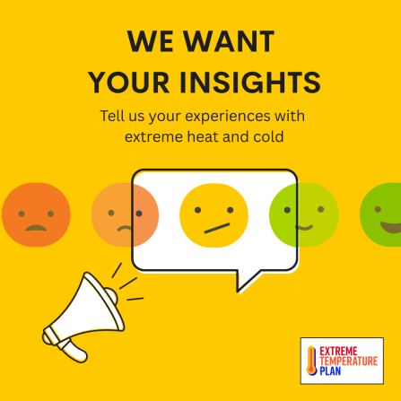 Yellow promotional graphic inviting feedback on experiences with extreme heat and cold. Features a speech bubble with a neutral rating face, a row of satisfaction icons from negative to positive, a megaphone, and the Extreme Temperature Plan logo. 