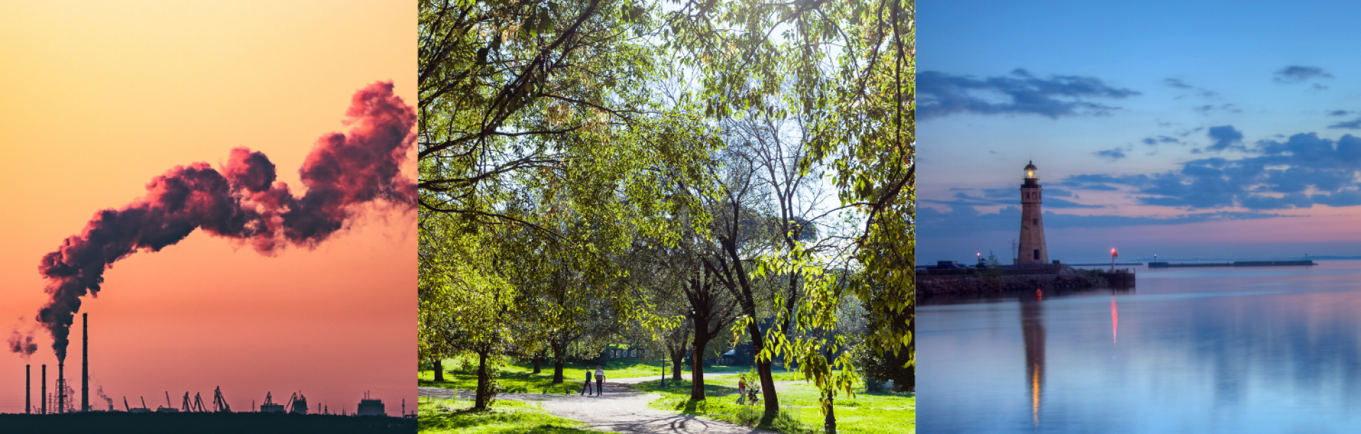 Smoke and hazy distance, urban greenspace, and lake erie. 
