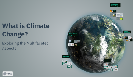 Picture of the Earth with gray background Text says: What is climate change? Exploring the Multifaceted Aspects Lower corner has Prezi logo. 
