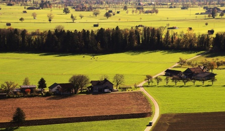 An aerial view of a rural area. 