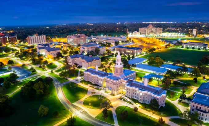 Campus Shot, Aerial, Sunset, South Campus. 