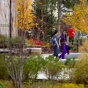 Students walking around South Campus. 
