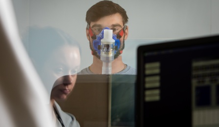 Student with Vo2max testing equipment on. 