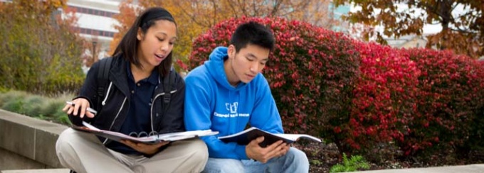 students studying on south campus in the fall. 