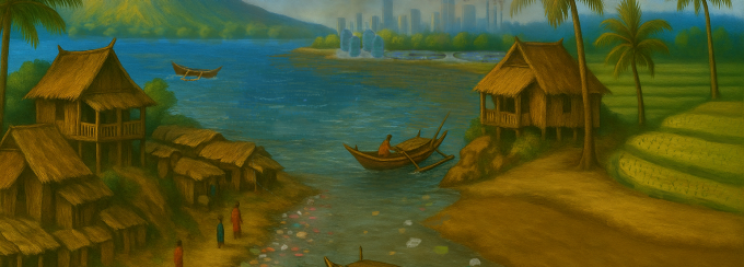 Illustrated image of a traditional asian village near a polluted water body, with an industrial city in the background. 
