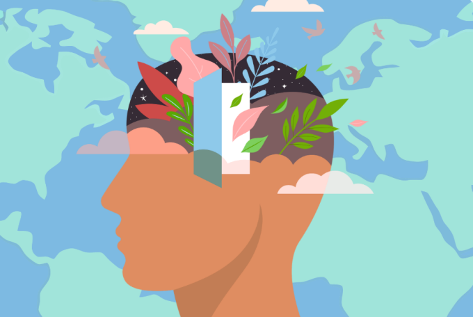 stylized image of a head, with an open door signifying mental health, overlaying an image of a world map. 
