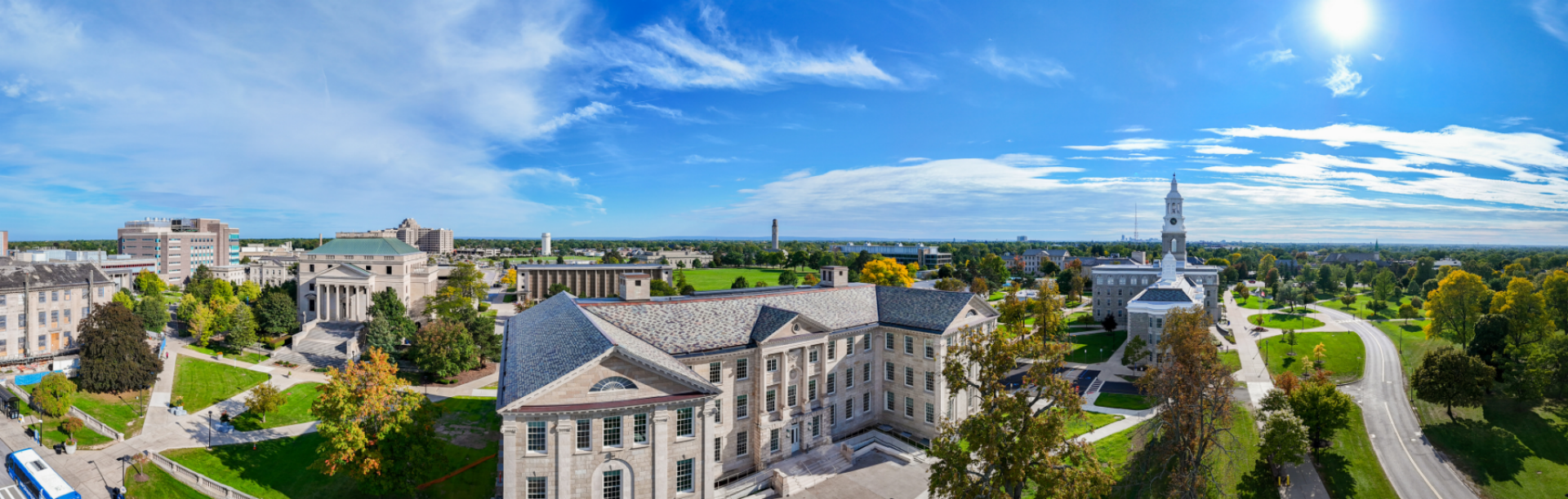 Panoramic view of UB's South Campus on a sunny day.