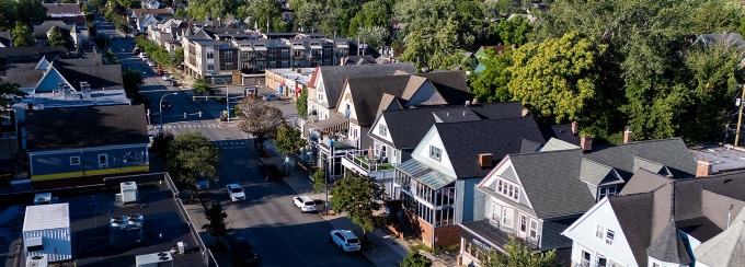 Aerial view of houses in Buffalo's Allentown neighborhood. 