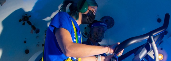 Stationary bike in the center’s hyper/hypobaric chamber,. 