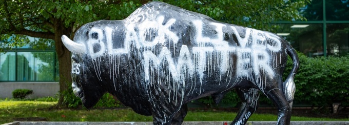 Black Lives Matter painted on bison statue. 