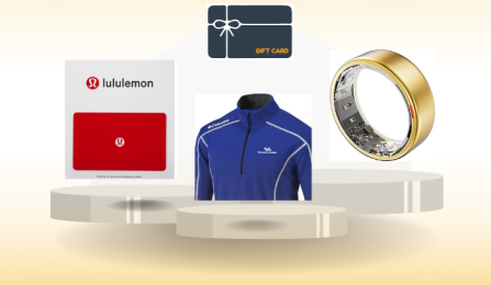 2025 Step Challenge prizes, which includes a lululemon gift card, UB quarter zip sweatshirt, a fitness ring, and gift cards. 