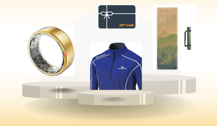 2025 Step Challenge prizes, which includes a yoga mat, UB quarter zip sweatshirt, a fitness ring, and gift cards. 
