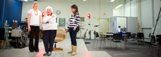 Students conducting research in a biomechanics lab. 