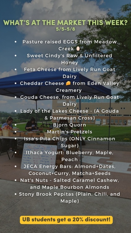 What&rsquo;s at the market this week? 5/5-5/8 Pasture raised EGGS from Meadow Creek 🥚 Sweet Cindy's Raw & Unfiltered Honey Feta Cheese from Lively Run Goat Dairy Cheddar Cheese 🧀 from Eden Valley Creamery Gouda Cheese, from Lively Run Goat Dairy Lady of the Lakes Cheese - (A Gouda & Parmesan Cross) Bjorn Quorn Martin's Pretzels Issa's Pita Chips (ONLY Cinnamon Sugar) Ithaca Yogurt: Blueberry, Maple, Peach JECA Energy Bars: Almond+Dates, Coconut+Curry, Matcha+Seeds Nat's Nuts - Salted Caramel Cashew, and Maple Bourbon Almonds Stony Brook Pepitas (Plain, Chili, and Maple) UB students get a 20% discount! 