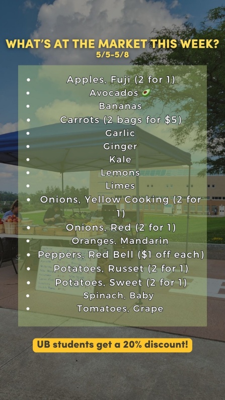 What&rsquo;s at the market this week? 5/5-5/8 Apples, Fuji (2 for 1) Avocados 🥑 Bananas Carrots (2 bags for $5) Garlic Ginger Kale Lemons Limes Onions, Yellow Cooking (2 for 1) Onions, Red (2 for 1) Oranges, Mandarin Peppers, Red Bell ($1 off each) Potatoes, Russet (2 for 1) Potatoes, Sweet (2 for 1) Spinach, Baby Tomatoes, Grape UB students get a 20% discount! 