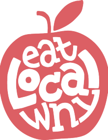Eat Local WNY logo in the shape of a red apple with white text. 