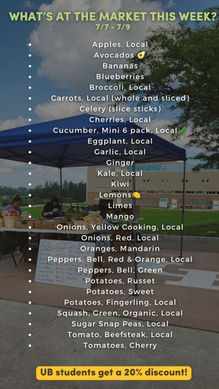 Weekly Produce 🍎 (7/7 - 7/9) Apples, Local Avocados 🥑 Bananas Blueberries Broccoli, Local Carrots, Local (whole and sliced) Celery (slice sticks) Cherries, Local Cucumber, Mini 6 pack, Local🥒 Eggplant, Local Garlic, Local Ginger Kale, Local Kiwi Lemons🍋 Limes Mango Onions, Yellow Cooking, Local Onions, Red, Local Oranges, Mandarin Peppers, Bell, Red & Orange, Local Peppers, Bell, Green Potatoes, Russet Potatoes, Sweet Potatoes, Fingerling, Local Squash, Green, Organic, Local Sugar Snap Peas, Local Tomato, Beefsteak, Local Tomatoes, Cherry. 