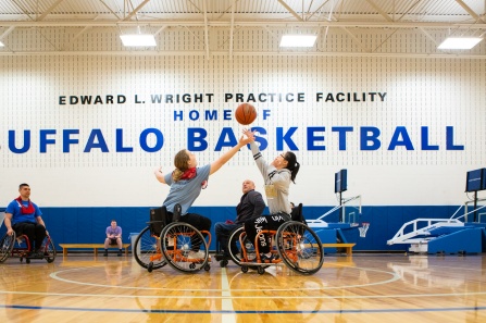 Students participate in a rehabilitation science class focused on adaptive sports, such as basketball and lacrosse, in Alumni Arena. 