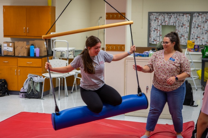 Physical therapy and occupational therapy students participate in the sensory integration lab in Kimball Hall. 
