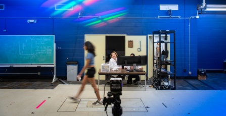 Dr. Sue Ann Sisto measures a participant's gait with 3-D motion caputre cameras and wireless EMG sensors. 