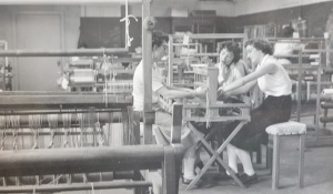 Zoom image: In undated this photo from the late 1960s, UB students Barbara Parlato, Sheila Carroll and Nancy DuBoise work in the UB Occupational Therapy program's loom room. 