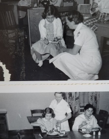in these two photos from 1953, Gertrude Dray, wearing braids and a white collared dress, works with a young OT patient with feeding tasks. 