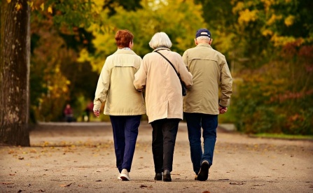 Three people arm in arm walking down a path outside. 