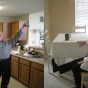 Man standing doing bilateral shoulder abduction with weights. Woman sitting doing knee extensions. 