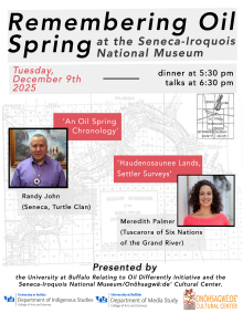 Flyer for “Remembering Oil Spring” event on Dec 9, 2025 at Seneca-Iroquois National Museum with two featured talks. 