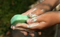 A child cleaning their hands with a bar of soap. 